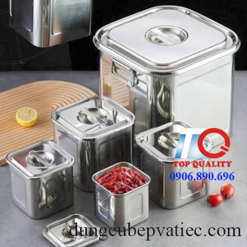 thung inox 304, thùng đựng sốt inox, thùng đựng gia vị inox, thùng vuông đựng sốt, thùng inox vuông có nắp