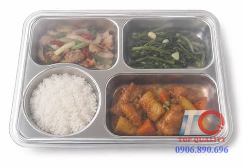 khay cơm inox 3 4 ngăn cho trẻ, khay inox dùng buffet cho trẻ, khay inox cho trẻ tự phục vụ