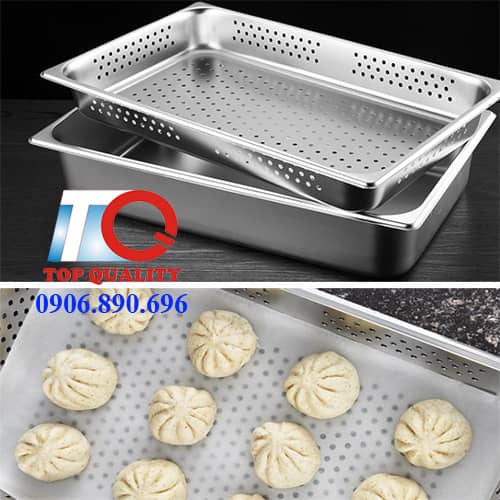 khay inox gn 1/1 65 100 150 200mm co lo, khay inox trong tu hap, khay cho tu combi oven