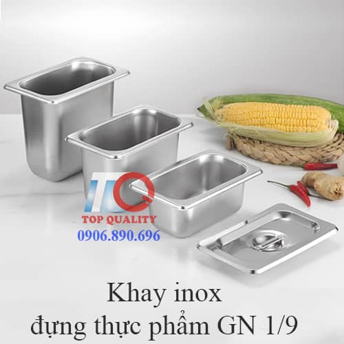 khay inox nhỏ chữ nhật có nắp đựng topping gn 1/9