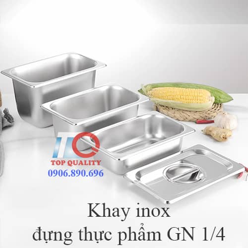 khay inox đựng thực phẩm thức ăn topping chữ nhật có nắp gn 1/4