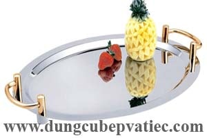 khay inox bầu dục 2 quai nắm vàng, Khay inox bầu dục 2 quai tay nắm mạ vàng, khay inox oval 2 quai tay nắm mạ vàng