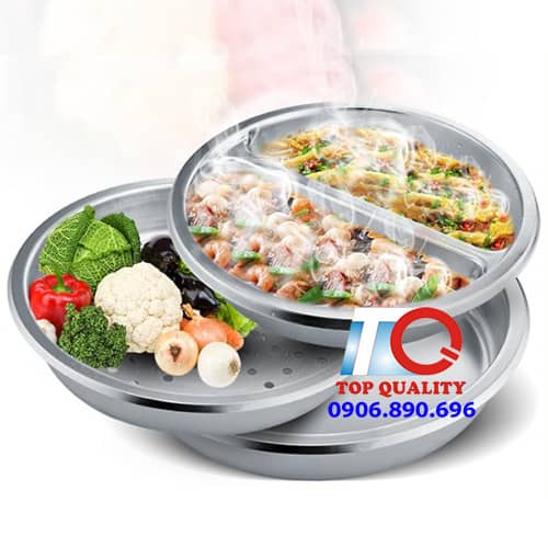 khay buffet inox tron, khay-inox-bau-duc, khay inox buffet, khay buffet tron co lo