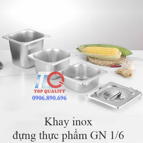 khay inox vuông có nắp đựng topping gn 1/6