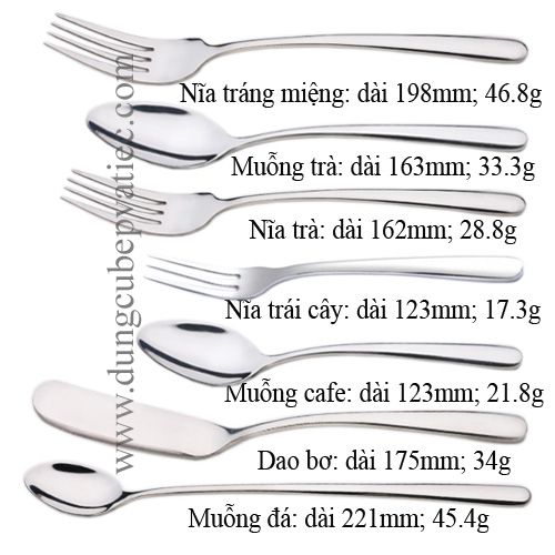 kích thước dao muỗng nĩa nhà hàng, giá muỗng nĩa dao inox nhà hàng