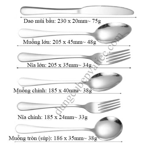 kích thước dao ăn muỗng nĩa inox dày 18cm 20cm