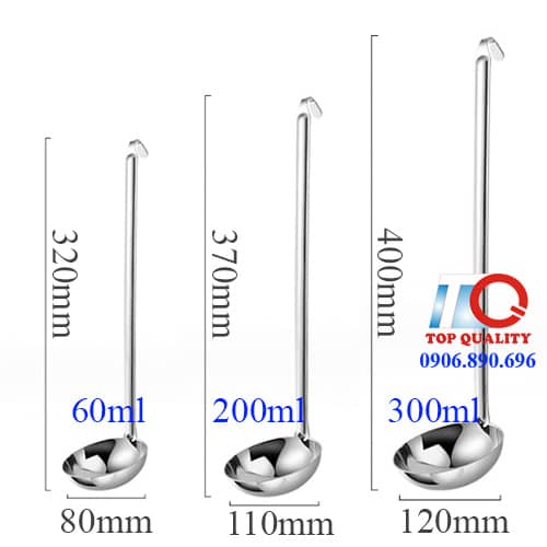 vá inox cán móc, vá inox múc canh lước lèo phở, vá múc nước dùng, muôi inox 60ml 200ml 300ml