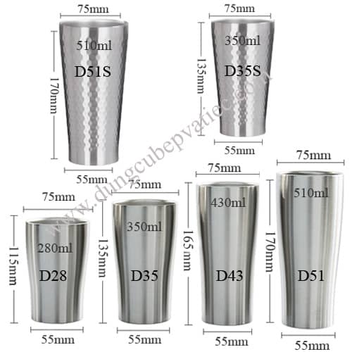 ly inox 280ml, 350ml, 430ml, 510ml, ly uong bia, ly suc mieng, ly an toan cho con