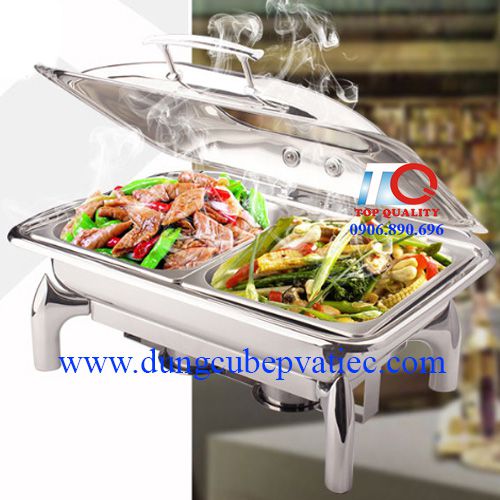 Nồi buffet 2 khay cao cấp dùng điện cồn nắp kính