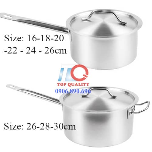 quánh inox, nồi inox 1 tay cầm, nồi nấu sốt, quánh inox 16 18 20 22 24 26 28 30cm