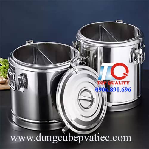 thùng inox giữ nhiệt 2 ngăn, thùng inox cách nhiệt chia 2, bình inox cách nhiệt chia 2 ngăn, thùng inox chia 2 khoan