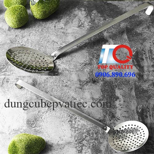 vá chiên inox có lổ, vá chiên inox, vá inox có lổ, muoi thung, muôi inox thủng 