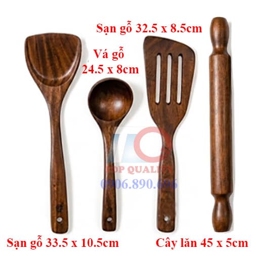 sạn gỗ an toàn sức khỏe, mua sạn gỗ chất lượng, đồ dùng nhà bếp gỗ sẫm màu, cây lăn bột gỗ lớn, vá múc bằng gỗ tốt, xẻng xào bằng gỗ