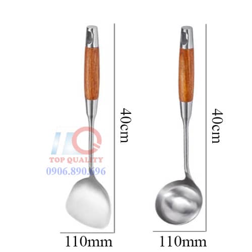 vá sạn inox 304 cán gỗ, sạn inox 304 đường kính 11cm, vá xào inox cán dài 40cm, dụng cụ nhà bếp inox 304 cao cấp