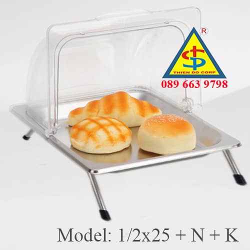 combo khay inox 1/2x25 buffet có nắp đậy cong trong suốt chân kê inox buffet