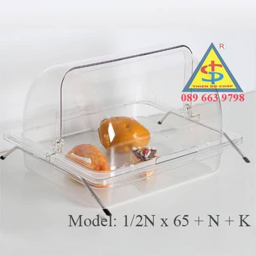 combo khay buffet nhựa mica 1/2 có nắp cong đậy/mở khung chân kê inox 