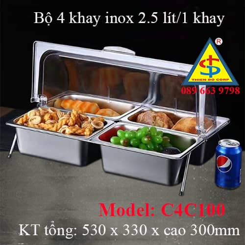 bộ khay đựng thức ăn có nắp đậy 4 khay inox chữ nhật