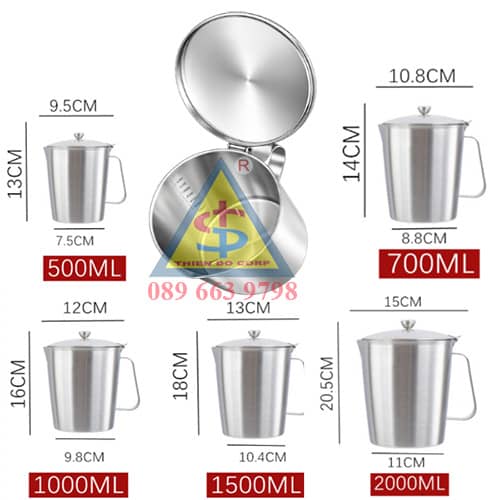 Ca đong thực phẩm inox, Ca inox 304 bếp công nghiệp, kích thước các size ca inox có vạch chia 500 750 1000 1500 2000ml