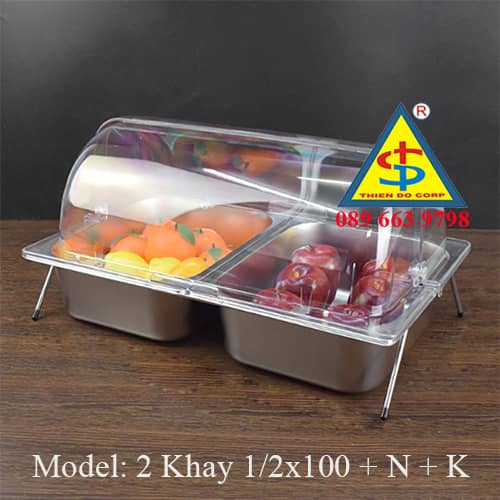 combo 2 khay inox gn 1/2x10cm có nắp đậy mở buffet tiệc trà tea break