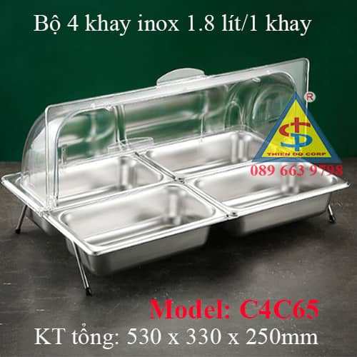 bộ 4 khay inox chữ nhật có nắp đậy mở tiệc buffet tiệc trà