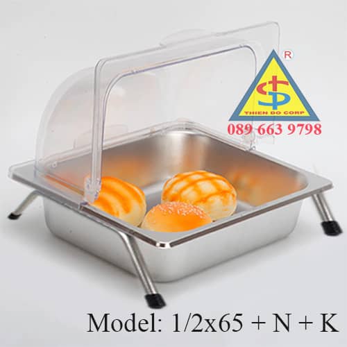 khay inox 1/2x65 buffet nắp cong trong suốt chân kê khay buffet