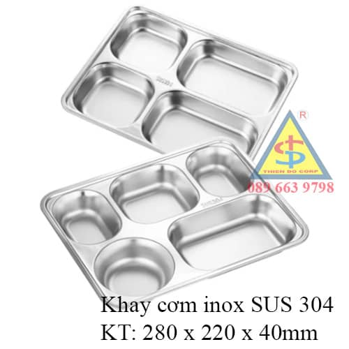 kích thước khay cơm inox 304 4 5 ngăn sâu, khay ăn inox trường học; khay inox 304 sâu lòng; khay cơm inox có nắp