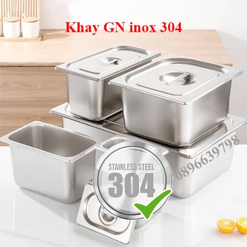 khay gn 1/1 1/2 1/3 1/3 inox 304, khay gn inox 304 đựng thức ăn buffet, kích thước khay gn inox 304