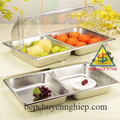 khay inox chữ nhật chia đôi có nắp chụp trưng bày, khay 1/1 chia đôi, khay 1/2 dính nhau, khay inox đôi, nắp chụp khay inox chữ nhật