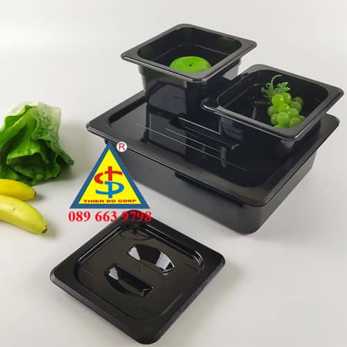 khay nhựa mica đen, khay nhựa đen có nắp đen, khay nhựa đen đựng thức ăn, khay nhựa đen đựng đồ ăn buffet