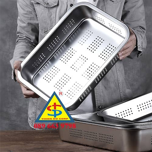 khay inox dot lo, khay inox co lo 60x40cm, rổ inox 304 chữ nhật, rổ rửa rau size lớn, rổ inox úp ly chén dĩa