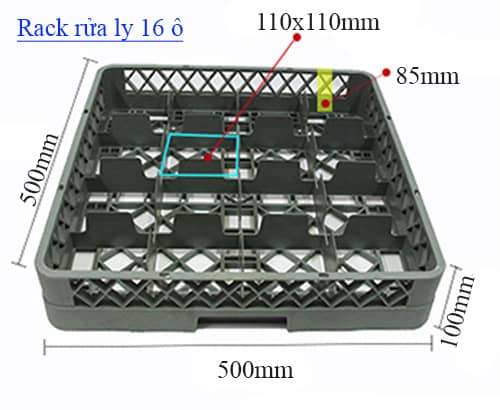 rack ly 16 ô, rack rửa ly 16 ngăn