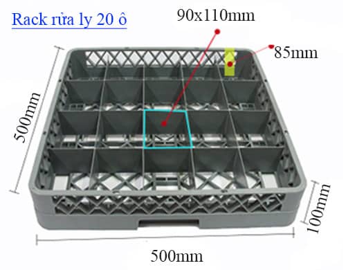 rack ly 20 ô, rack rửa ly 20 ngăn