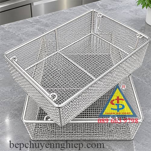 Rổ lưới inox 304 50cm 40cm 30cm, Giỏ lưới inox có quai xách 50cm 40cm 30cm, Rổ chiên nhúng ngập dầu cao 10cm