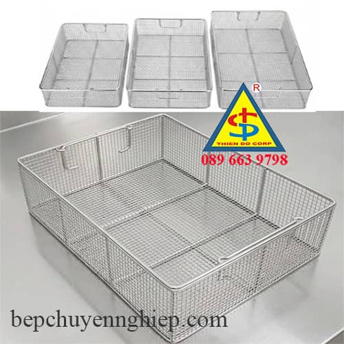 Giỏ inox rửa và khử trùng, Rổ inox chữ nhật 50cm, Thiết bị bếp nhà hàng inox 304, Giỏ lưới inox công nghiệp