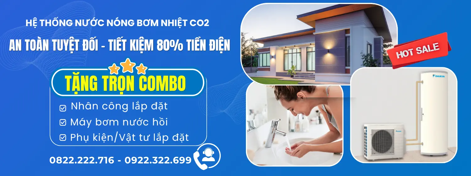 Lắp máy nước nóng trung tâm bơm nhiệt Co2 Daikin tặng combo lắp đặt