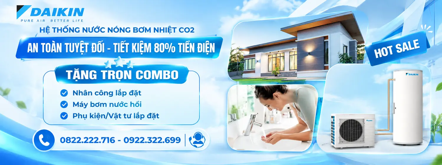 Lắp máy nước nóng trung tâm bơm nhiệt Co2 Daikin tặng combo lắp đặt