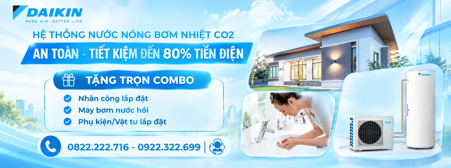 Lắp máy nước nóng trung tâm bơm nhiệt Co2 Daikin tặng combo lắp đặt