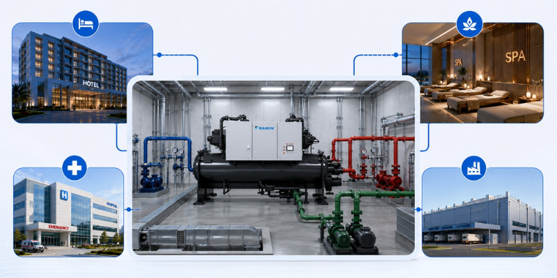 Chiller PFS giải pháp cho bệnh viện, resort, cơ sở sản xuất cần nước nóng