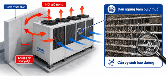 Hồi gió nóng và dàn ngưng bám bẩn giảm khả năng giải nhiệt gió của Chiller Daikin Hồi gió nóng và dàn ngưng bám bẩn giảm khả năng giải nhiệt gió của Chiller Daikin