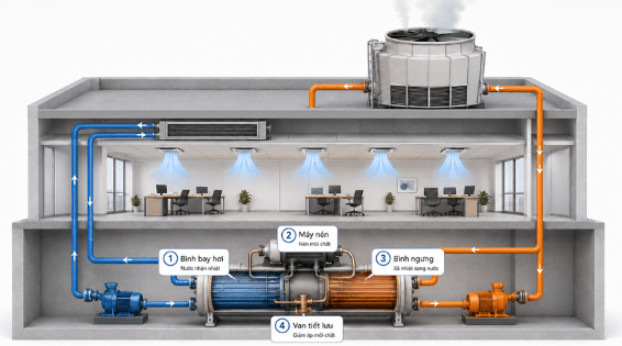 Chiller giải nhiệt nước Daikin truyền nhiệt từ vòng nước lạnh sang vòng giải nhiệt trước khi thải qua tháp Chiller giải nhiệt nước Daikin truyền nhiệt từ vòng nước lạnh sang vòng giải nhiệt trước khi thải qua tháp