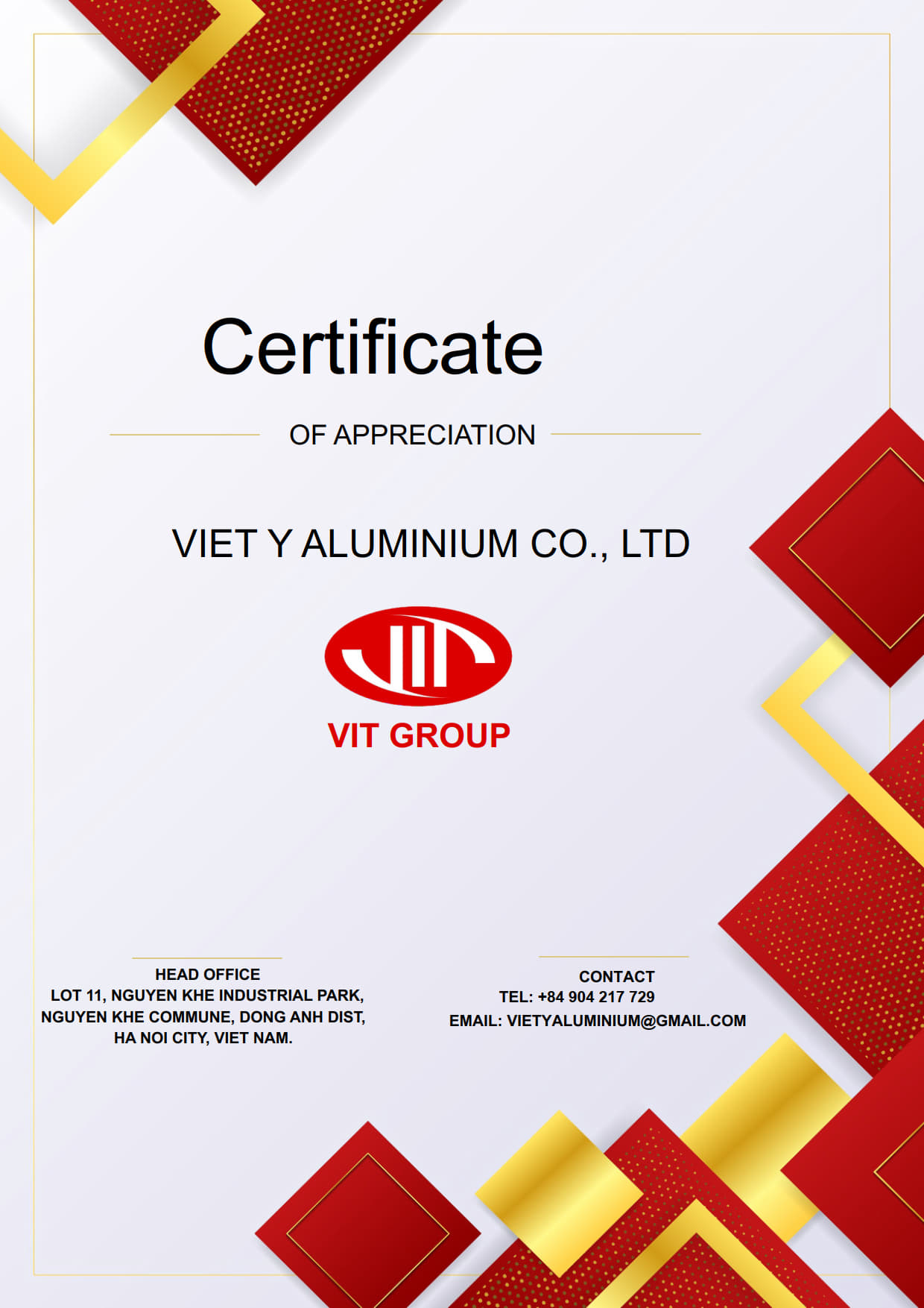 CERTIFICATE VIET Y