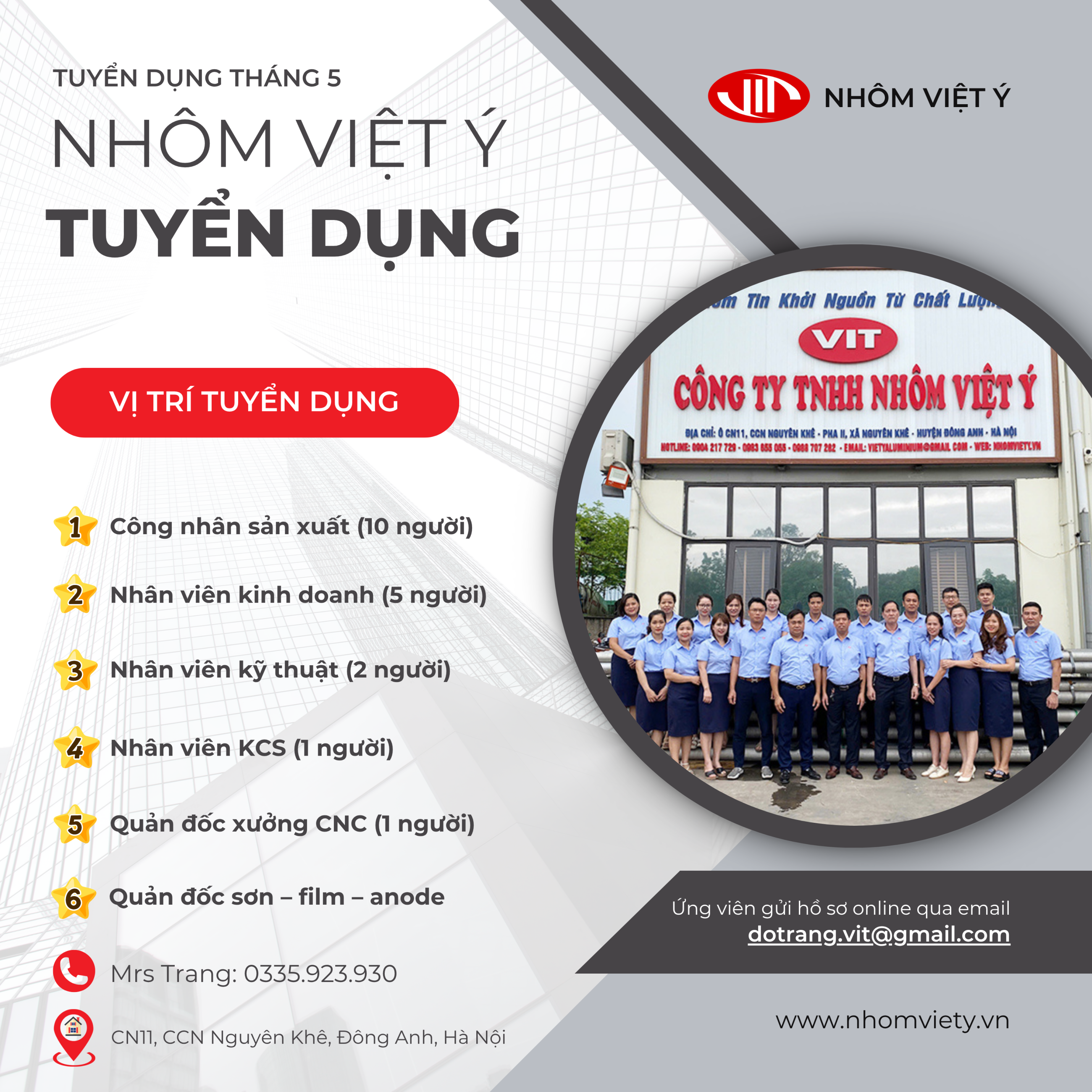 NHÔM VIỆT Ý THÔNG BÁO TUYỂN DỤNG THÁNG 05 NĂM 2026