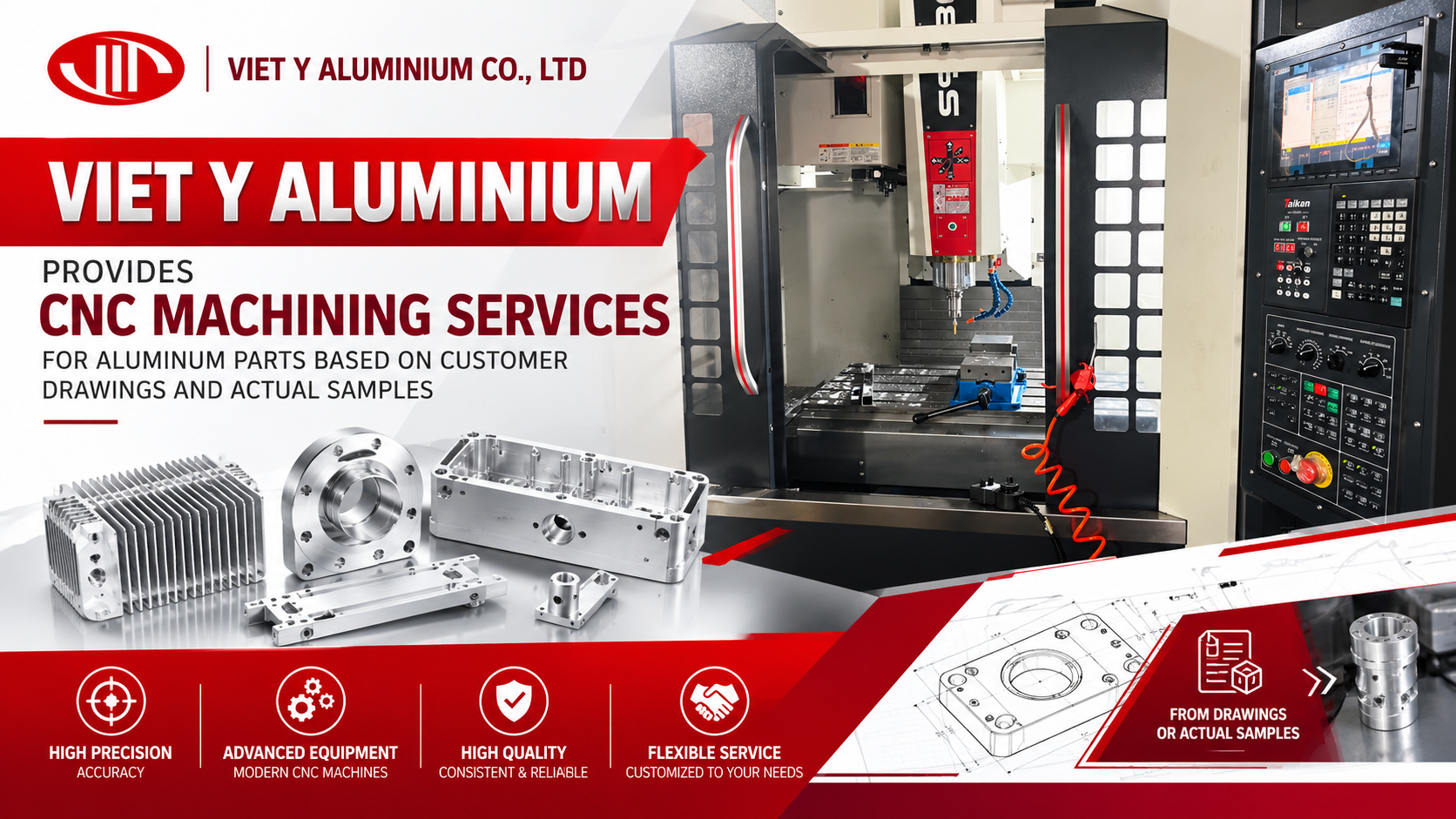 Viet Y Aluminium provides CNC machining services for aluminum parts based on customer drawings and actual samples