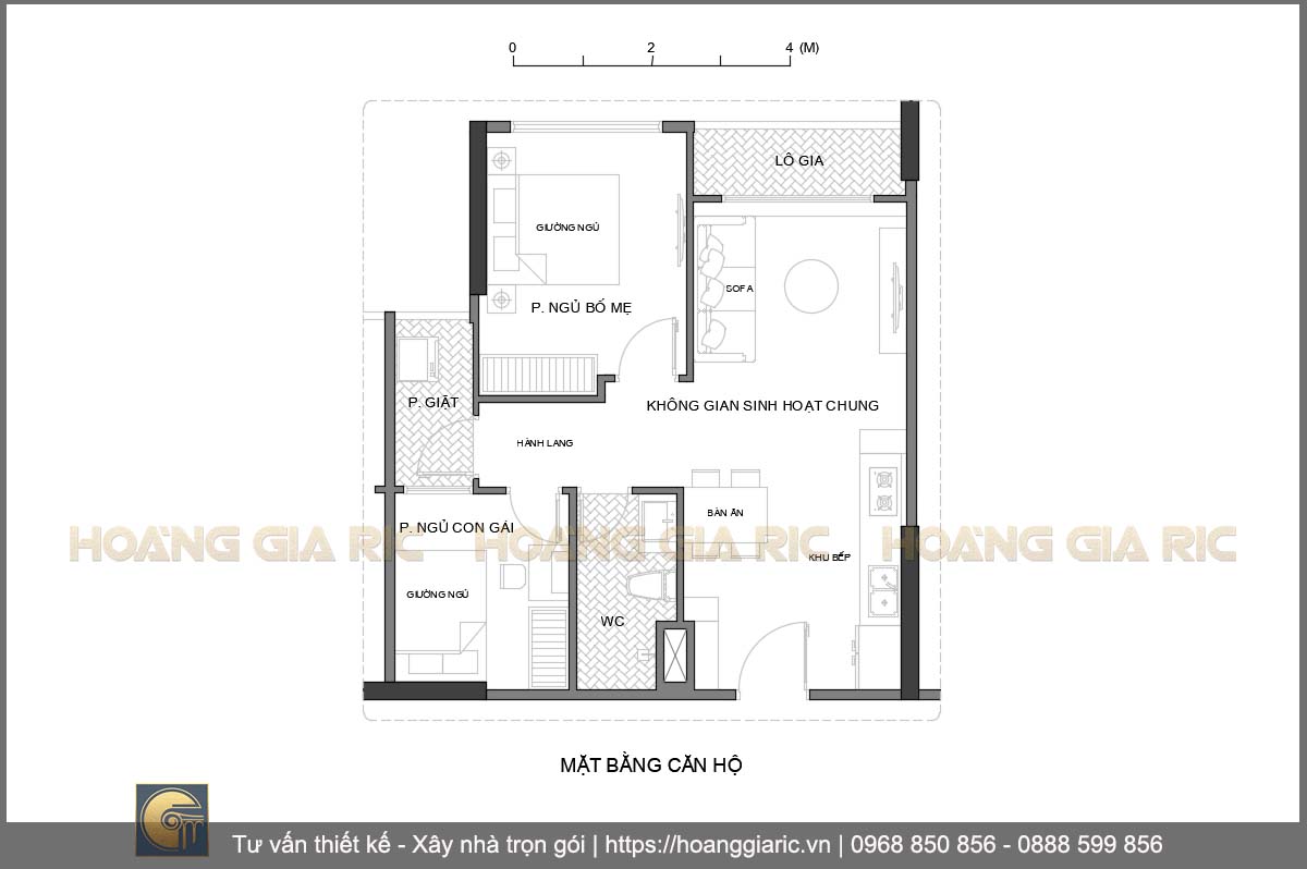 Thiết kế mặt bằng bố trí nội thất căn hộ 2 phòng ngủ chung cư Hà nội op2019