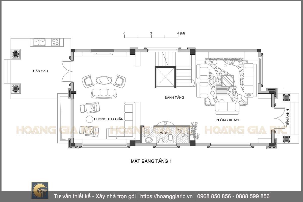 Mặt bằng kiến trúc và bố trí nội thất tầng 1 biệt thự