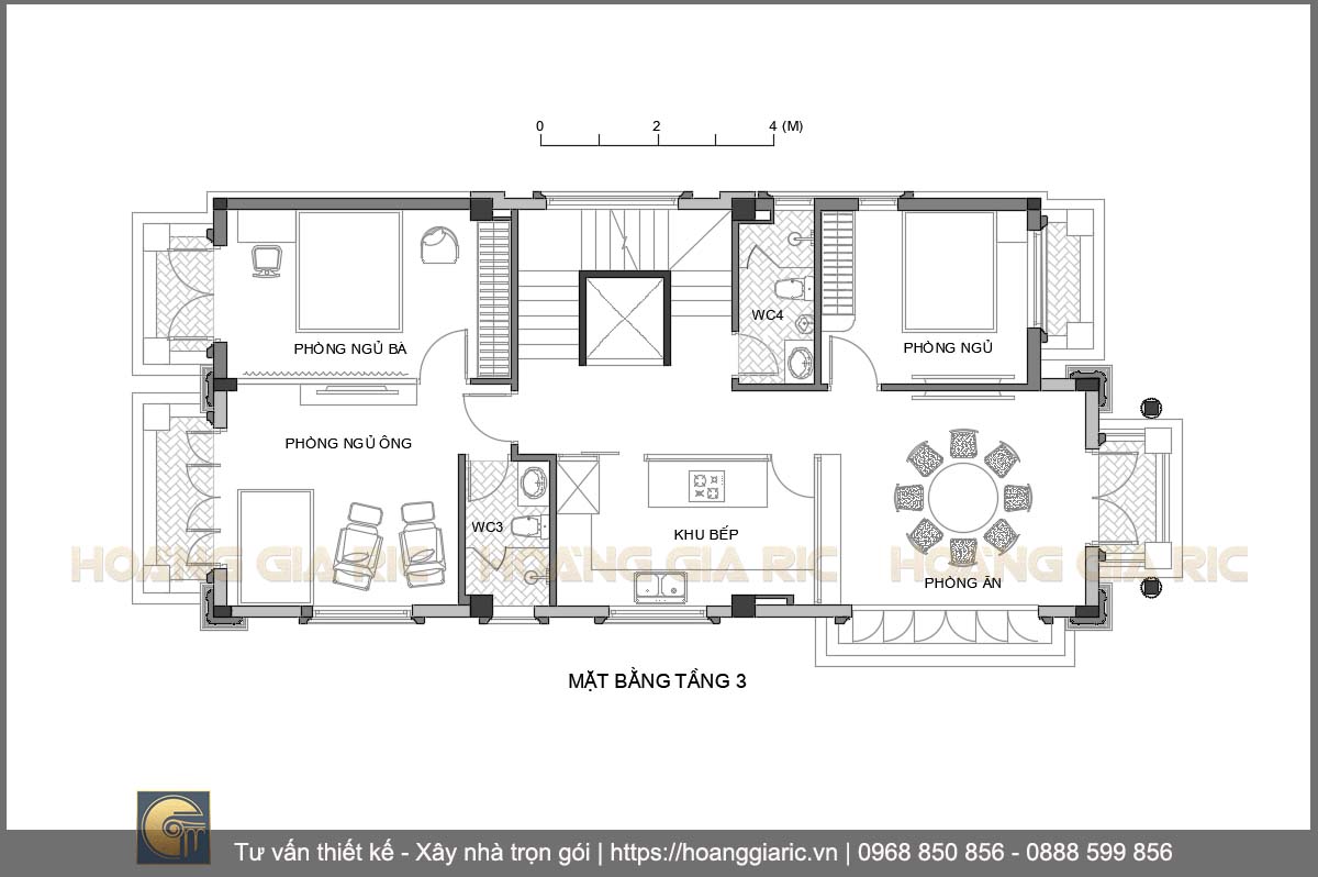 Mặt bằng kiến trúc và bố trí nội thất tầng 3 biệt thự