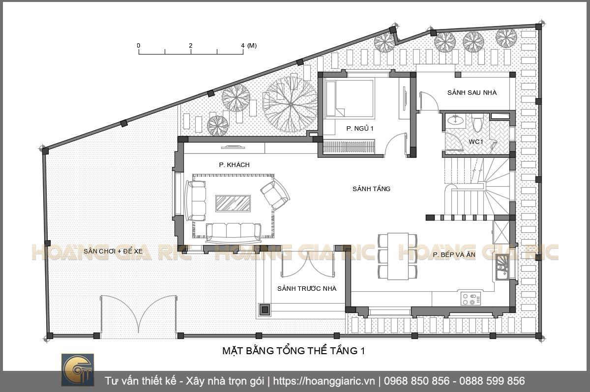 Thiết kế mặt bằng kiến trúc tổng thể biệt thự tân cổ điển Hà nội dh2019, tầng 1 và sân vườn