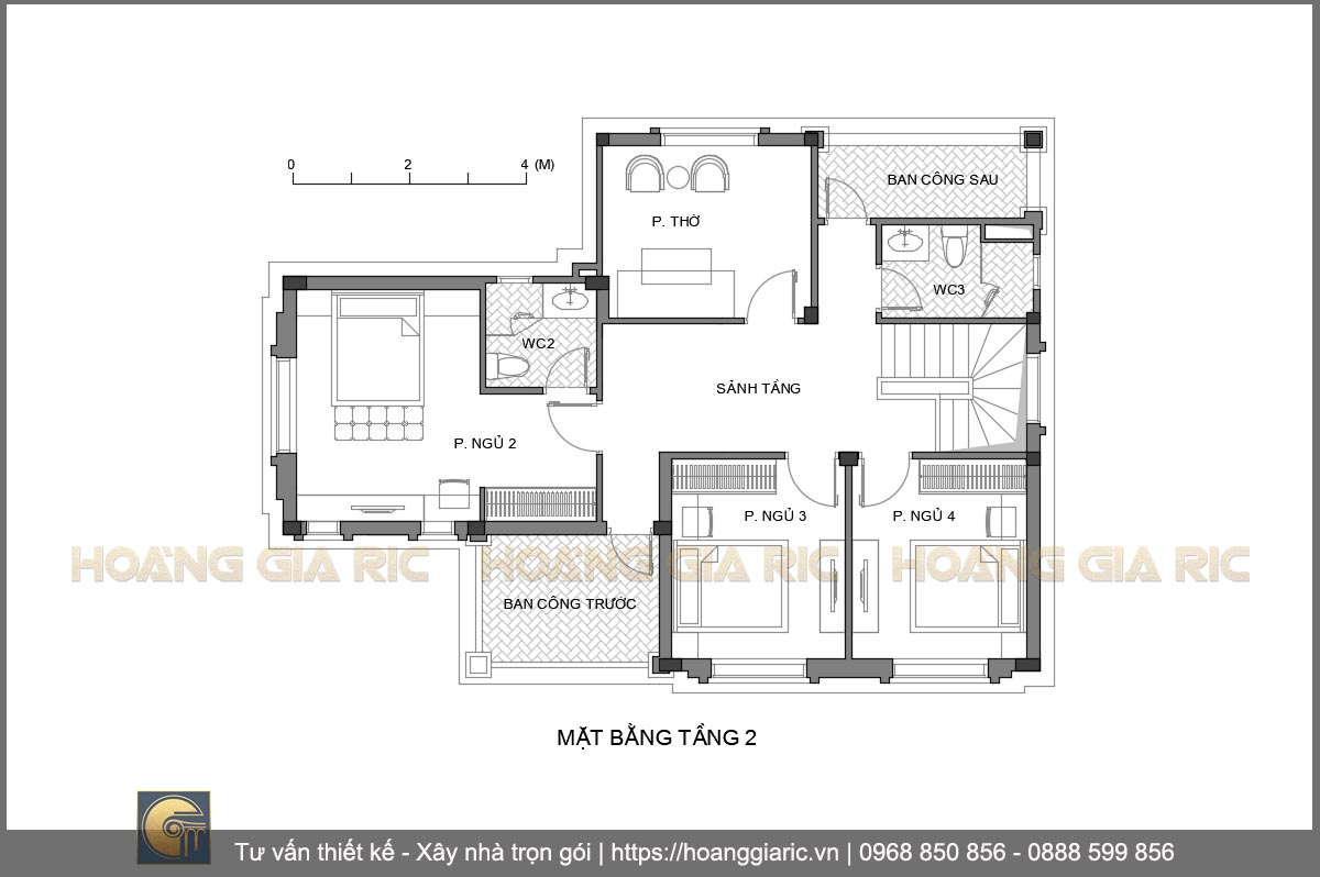 Thiết kế mặt bằng kiến trúc tầng 2 biệt thự tân cổ điển Hà nội dh2019