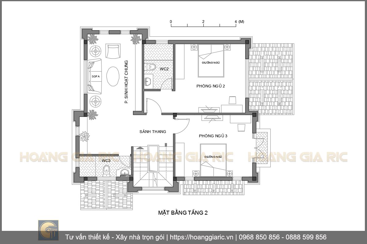 Thiết kế mặt bằng tầng 2 biệt thự kiến trúc pháp Hà nam dp2014