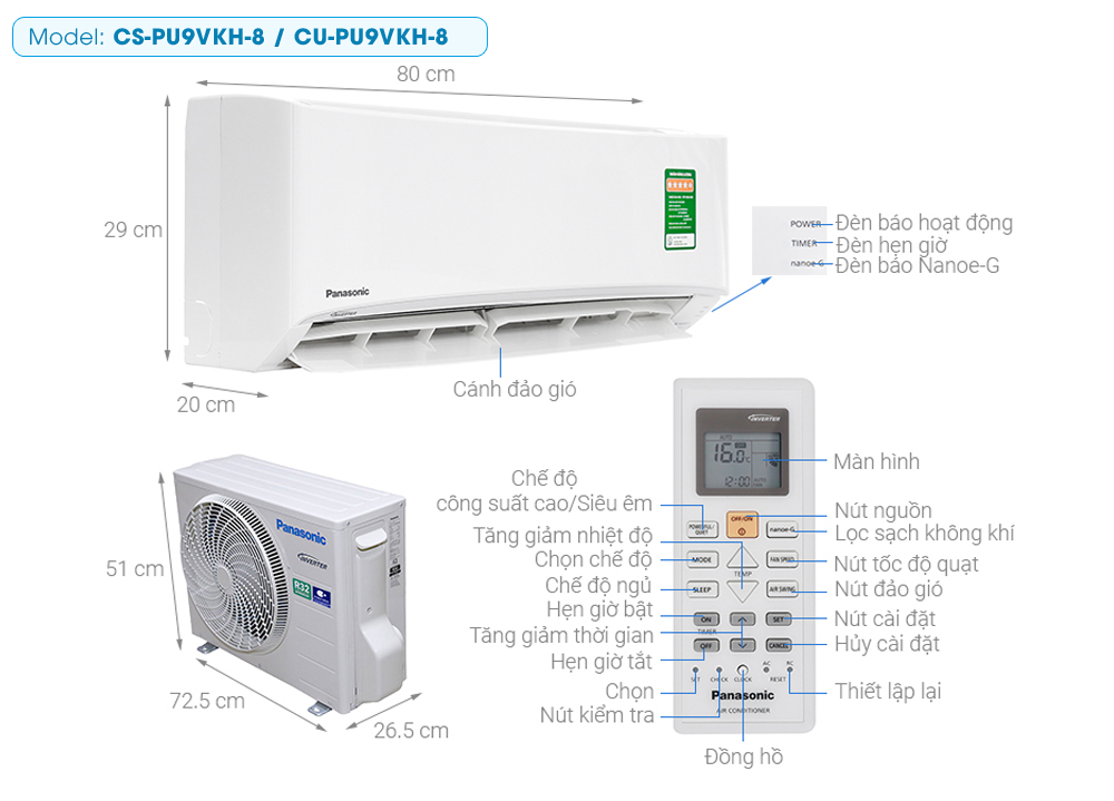 Máy lạnh Panasonic PU9VKH-8 (1.0Hp) Inverter